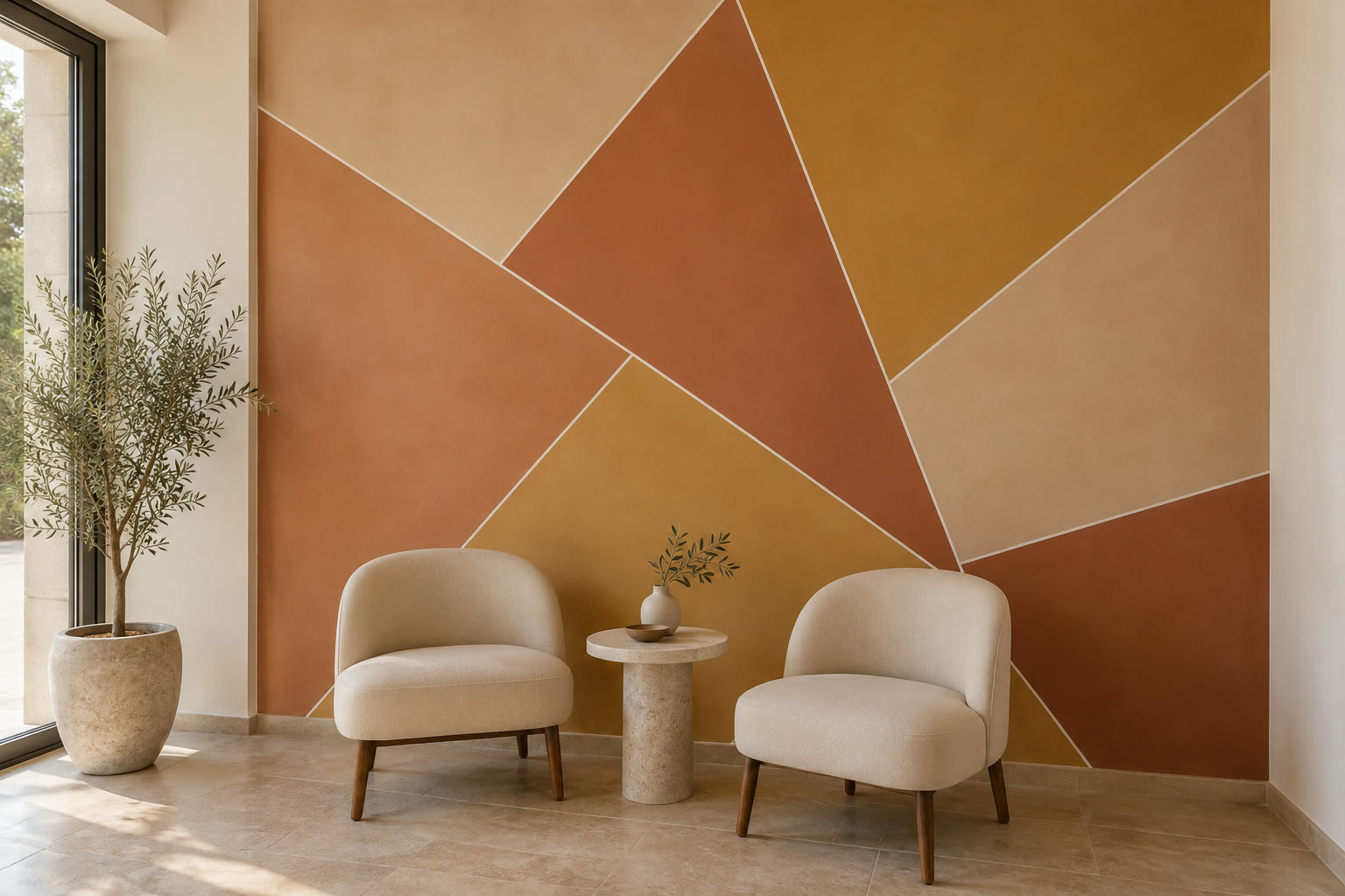 Parete geometrica terracotta, ocra e sabbia in una sala d’attesa