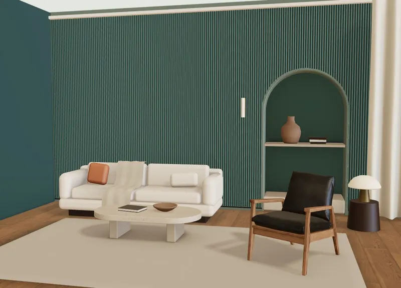 Soggiorno virtuale con nicchia ad arco, divano in lino e finiture decorative personalizzabili. Concept 3D.