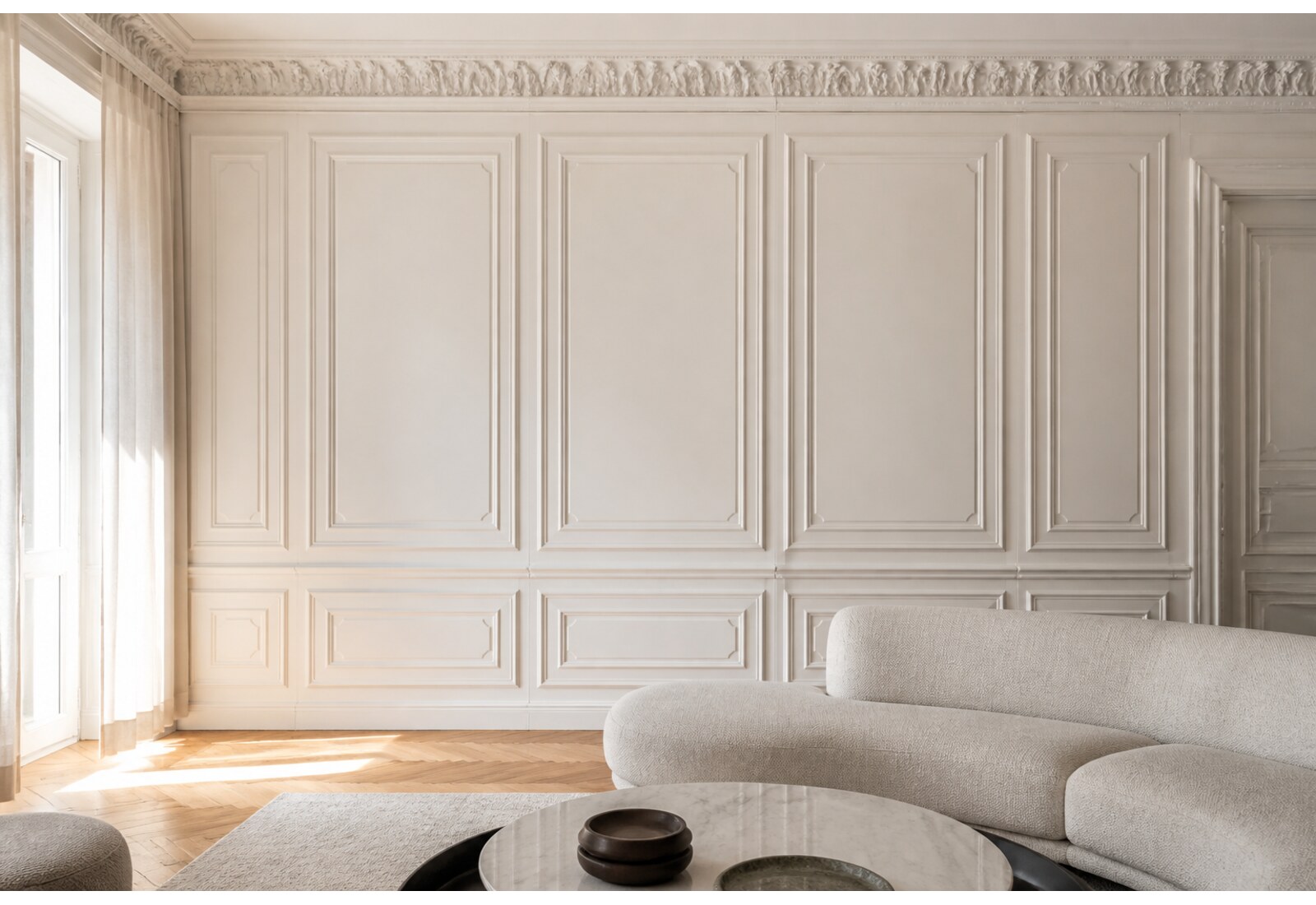 Boiserie e stucchi 3D applicato su una parete intera